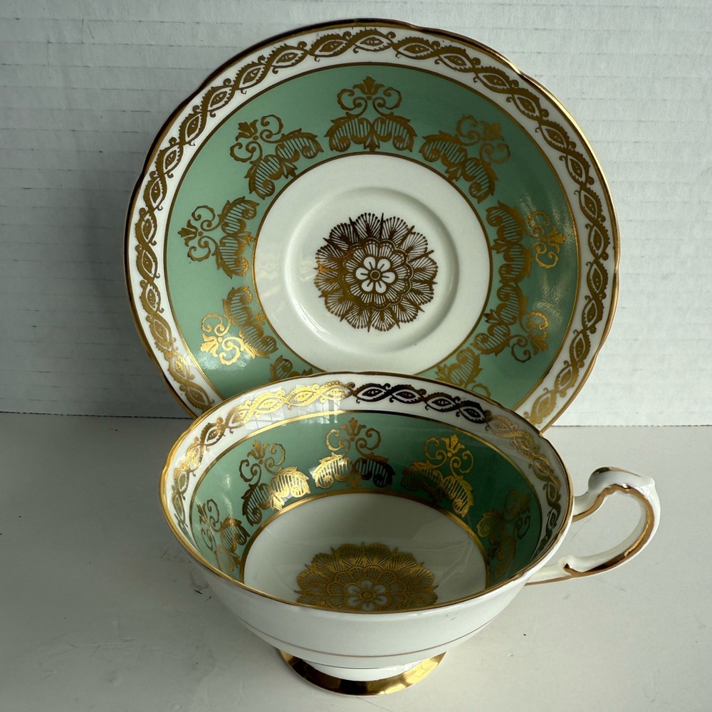 Paragon Bone China Teacup and Saucer Mint Green + Gold Design Gold Flower VTG